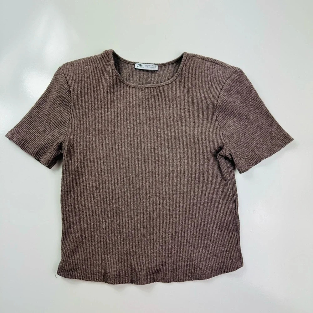 Zara‎ Brown Knit Shoulder Pads Top Size Large